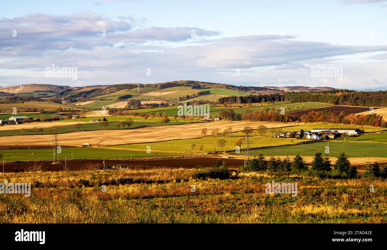 Dundee, Tayside, Schottland, Großbritannien. November 2023 30. Wetter in Großbritannien: Im ländlichen Dundee bietet die herrliche Wintersonne mit mildem Wetter einen spektakulären Blick auf die Sidlaw Hills und das Strathmore Valley. Quelle: Dundee Photographics/Alamy Live News Stockfoto