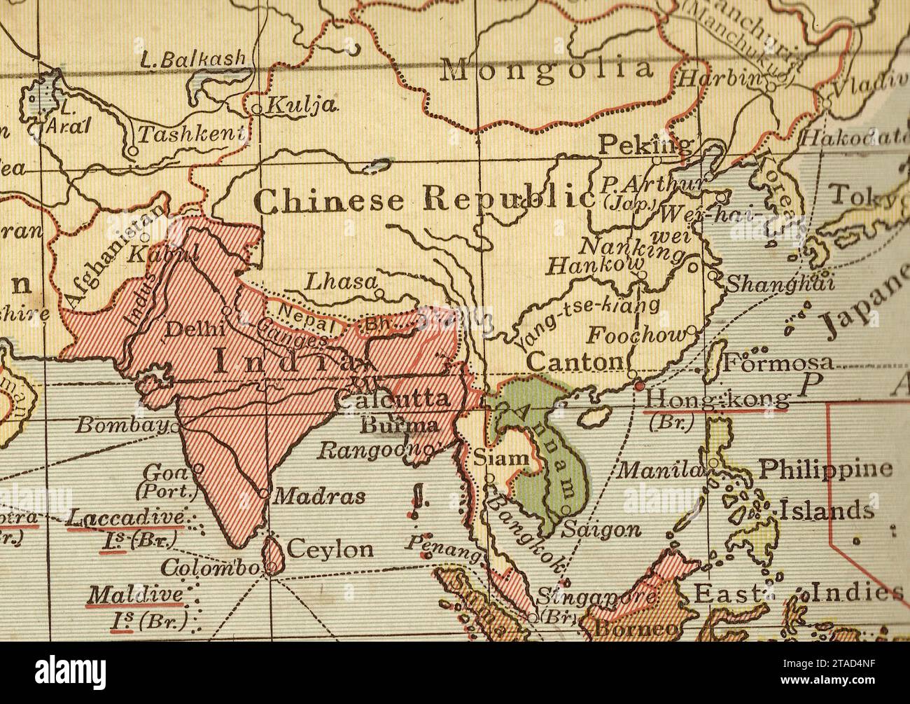 Eine alte/antike politische Karte von Indien und dem Fernen Osten in Sepia. Stockfoto