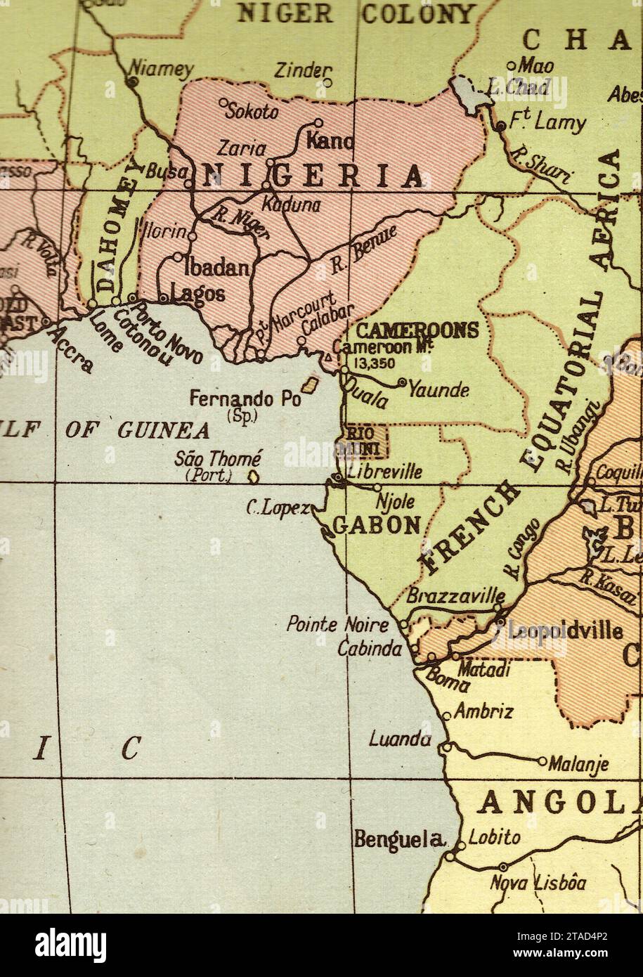 Eine alte/antike politische Karte von Nigeria, Afrika in Sepia. Stockfoto