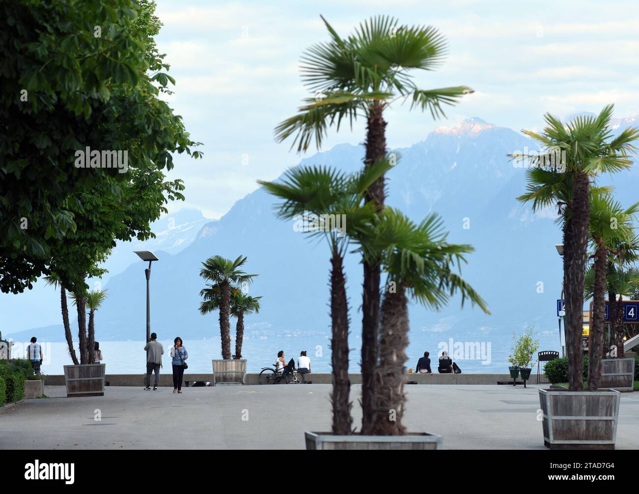 Lausanne, Schweiz - 05. Juni 2017: Menschen am Ufer des Genfer Sees in Lausanne. Stockfoto