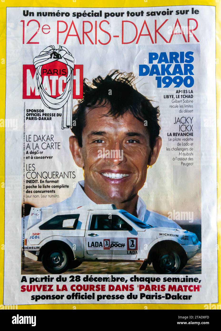 1990 Ankündigung der Rallye Paris Dakar in Paris Match December 1989 Stockfoto