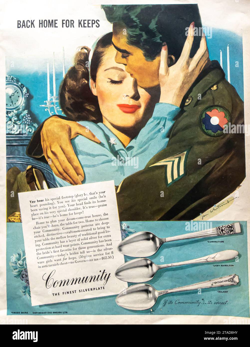 1945 Werbung in der Gemeinschaft für Silberbleche, Werbung für Silberwaren Stockfoto