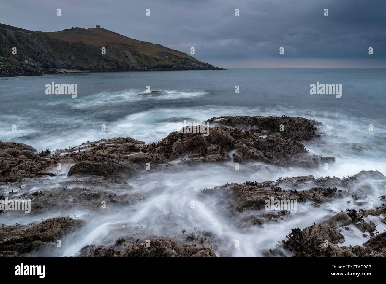 Wellen brechen an den felsigen Ufern unterhalb von Rame Head in Cornwall, England. Winter (Januar) 2022. Stockfoto