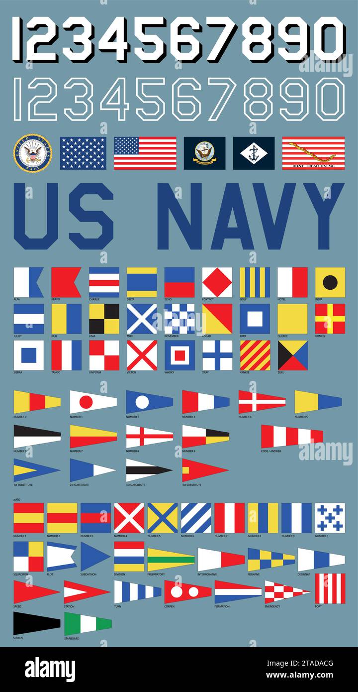 US Navy signalisiert Flaggen, offizielle Flaggen, Zahlen und Symbole, Vektorillustration Stock Vektor