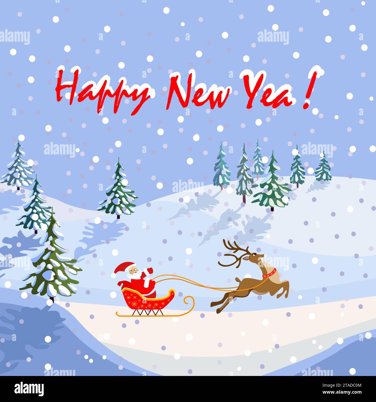 Glückwunschkarte für das neue Jahr, weihnachtsmann auf einem Schlitten mit Rentieren, nicht KI, handgezeichnet Stock Vektor