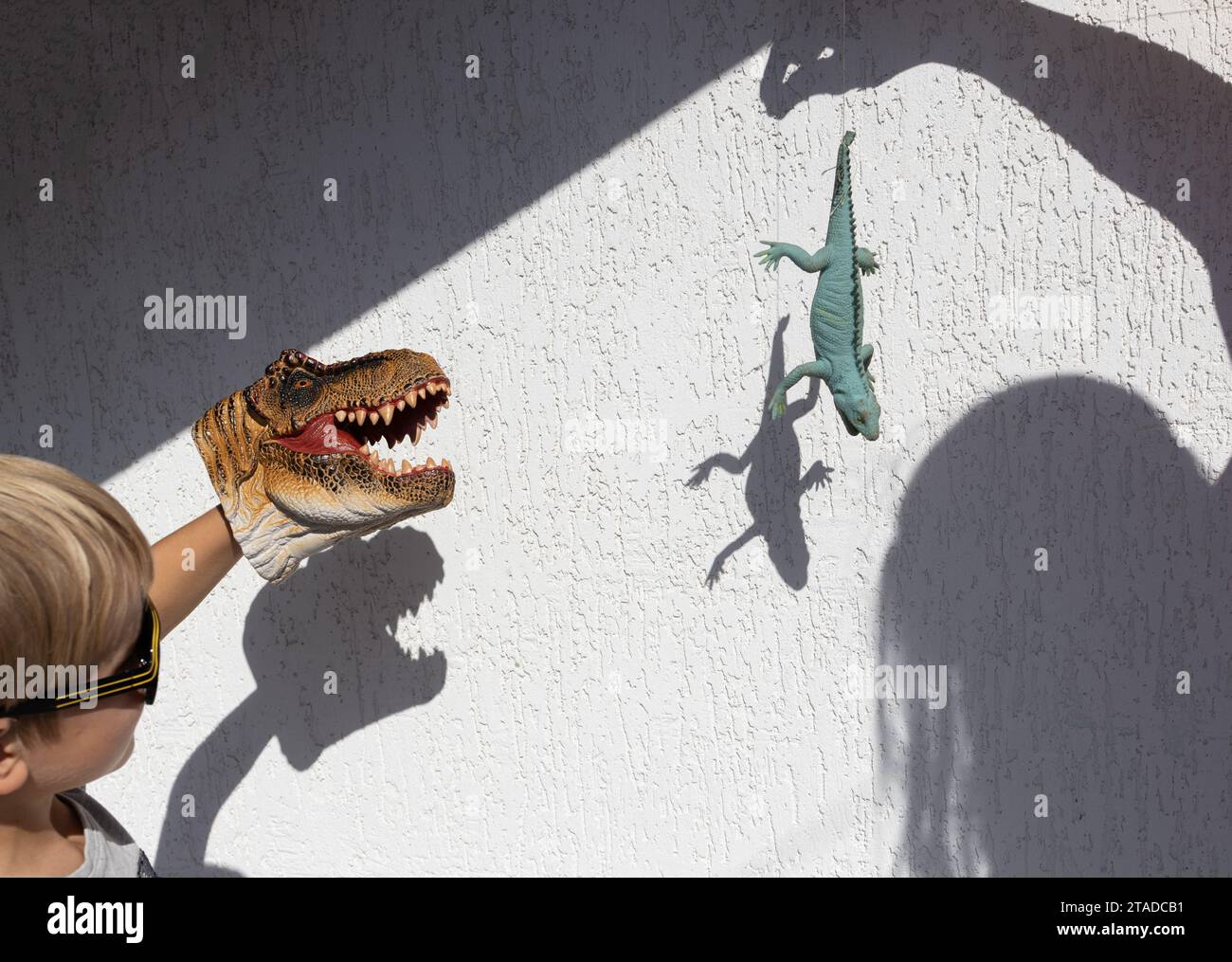 Bruder und Schwester spielen mit Schatten von Spielzeug an der Wand. Interessante kontrastierende Schatten. Sonniger Tag. Fröhliche, fröhliche Kindheit, Ideen für Spiele, Lifesty Stockfoto