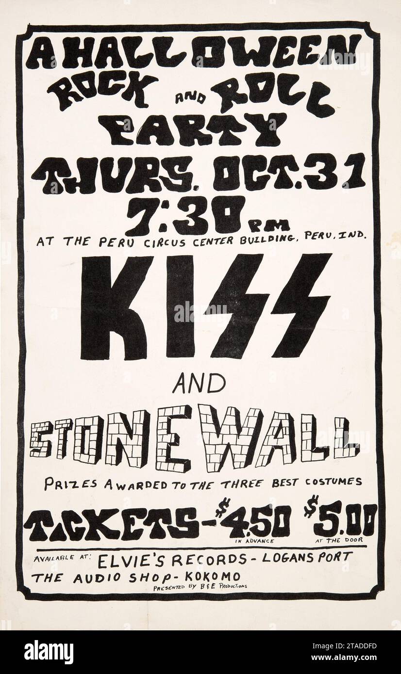 KISS „Halloween Rock and Roll Party“ Vintage Rock Concert Poster aus Peru, Indiana 1974. Stockfoto
