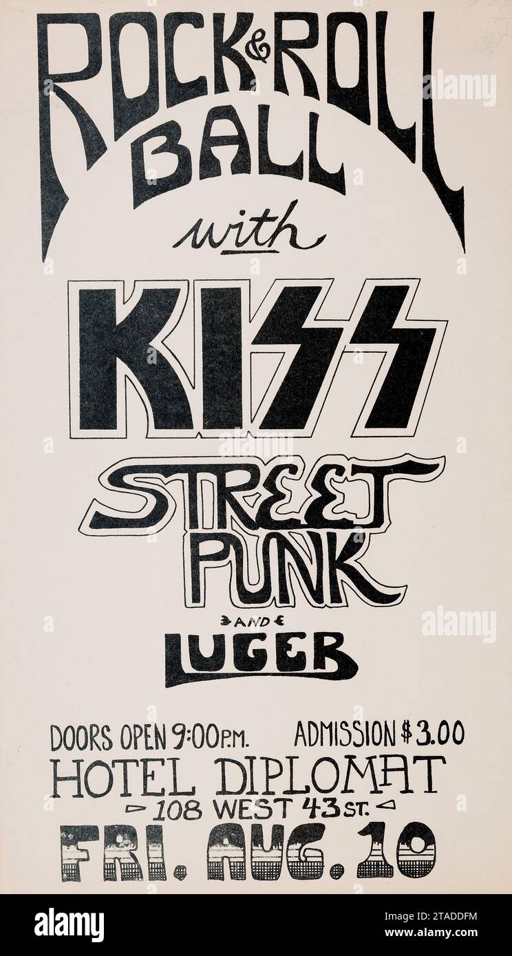 KISS, Street Punk und Luger 1973 „Rock & Roll Ball“-Konzertposter, Hotel Diplomat, New York City. Stockfoto
