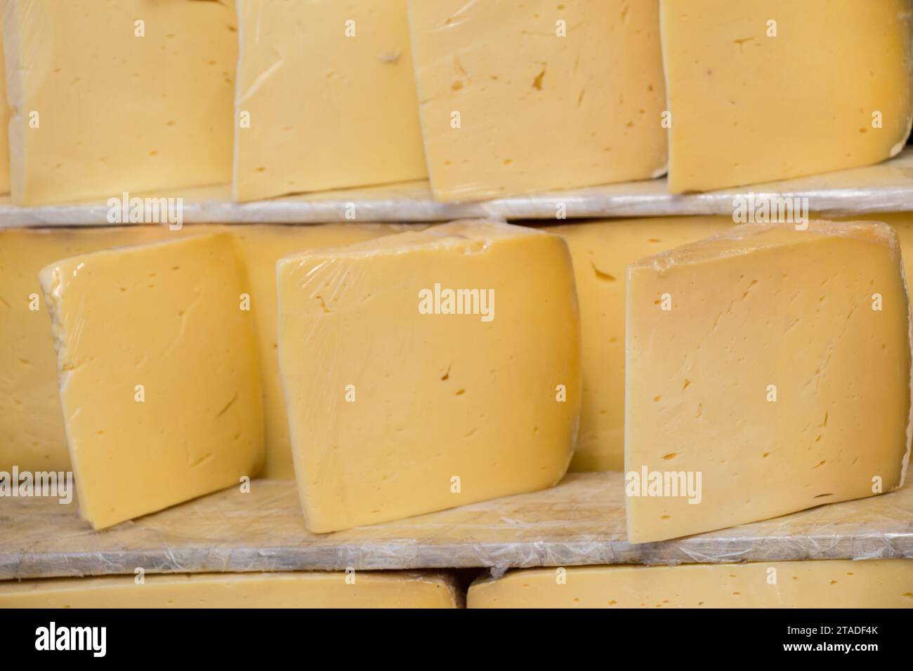 Schnitte von Kashkaval oder Kasseri-Käse zum Verkauf im Regal Stockfoto