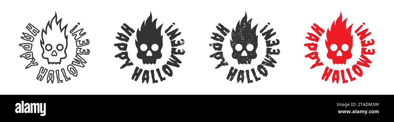 Brennender Schädel mit „Happy Halloween“-Schriftzug. Vektorabbildung Stock Vektor