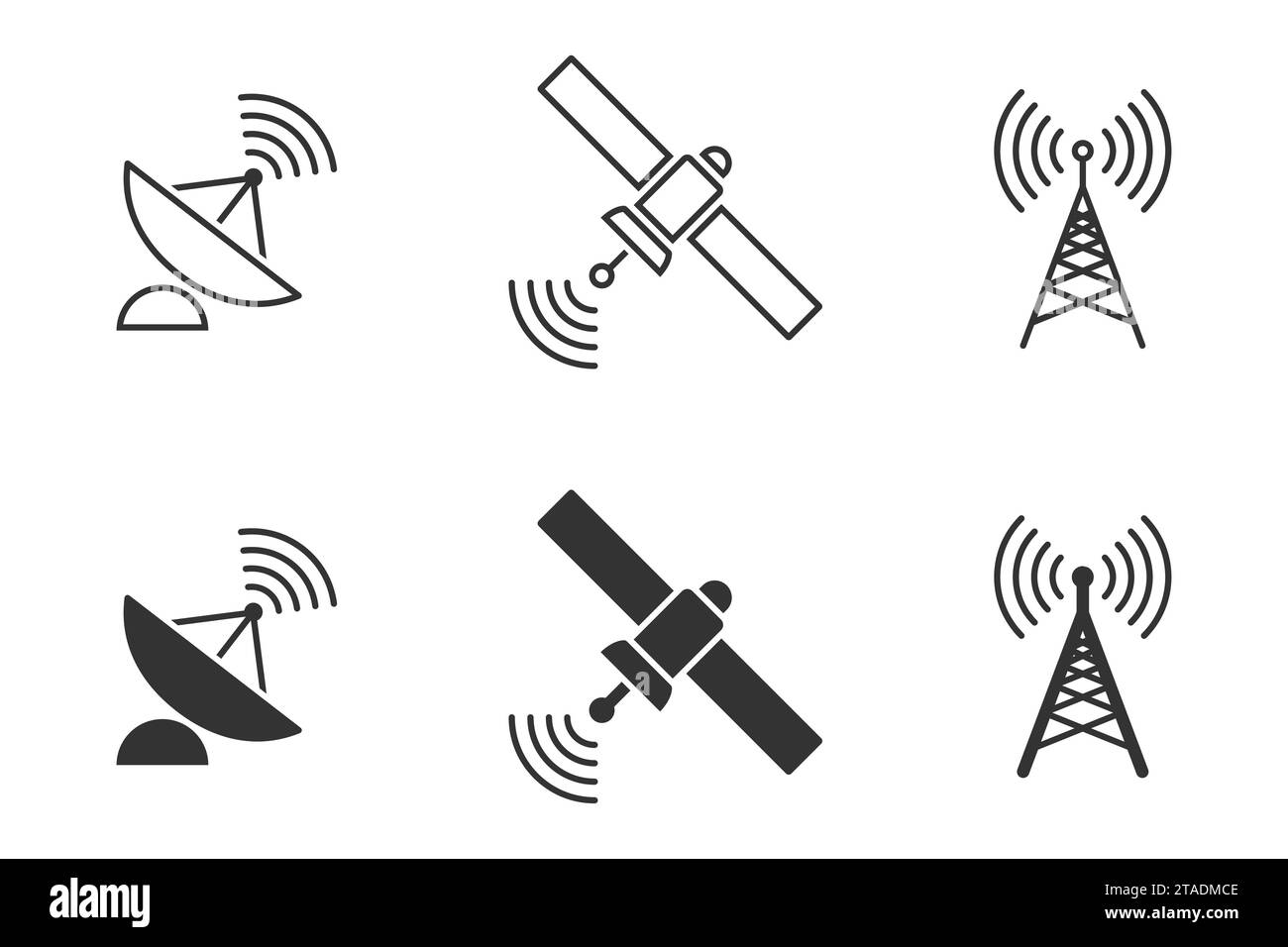 Kabellose Satellitentechnologie. Symbole für Antenne, Satellitenantenne und Satellitenschüssel. Vektorabbildung Stock Vektor