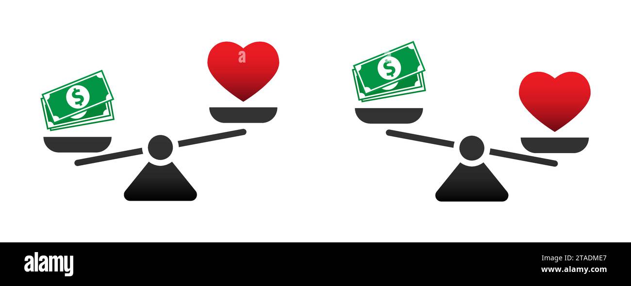 Herz und Geld auf der Waage. Wahlkonzept: Liebe oder Geld. Illustration des flachen Vektors Stock Vektor