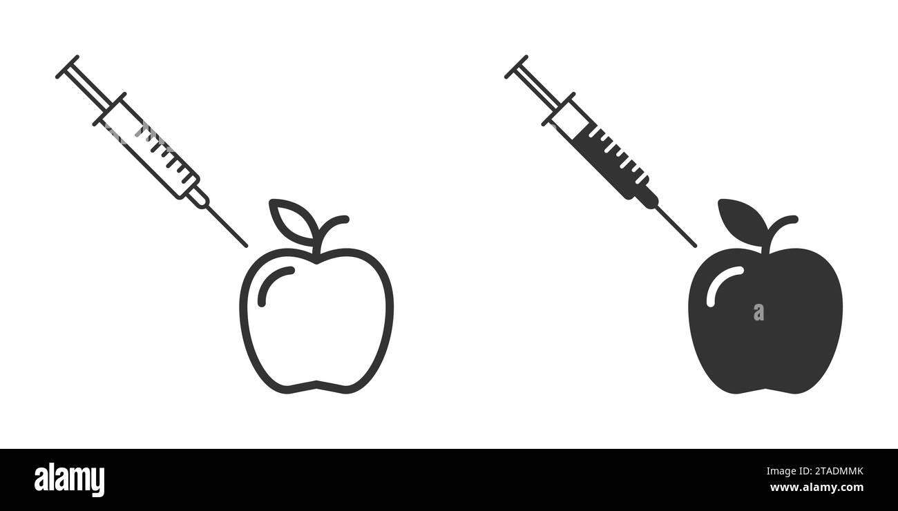 Apfel- und Spritzensymbol. Genetisch veränderte Äpfel. Vektorabbildung Stock Vektor