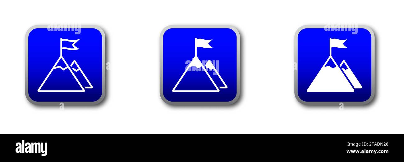 Missionssymbol auf einem blauen Verlaufsaufkleber. Symbol für die Flagge auf dem Berg. Illustration des flachen Vektors. Stock Vektor
