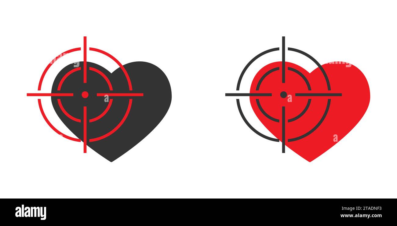 Das Herz an der Waffe Symbol. Herd mit Fadenkreuz-Symbol. Zielsymbol mit Herzzeichen. Illustration des flachen Vektors. Stock Vektor