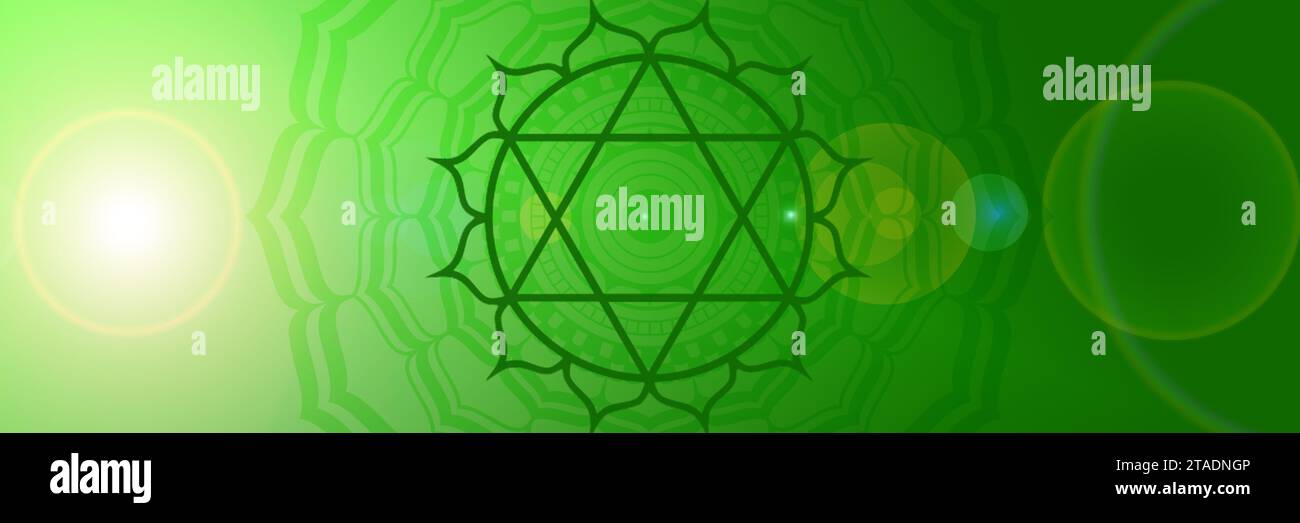 Hintergrund des Herzchakras, ein Zeichen eines spirituellen Energiezentrums im menschlichen Körper Stockfoto