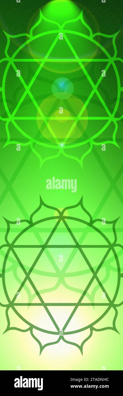 Hintergrund des Herzchakras, ein Zeichen eines spirituellen Energiezentrums im menschlichen Körper Stockfoto