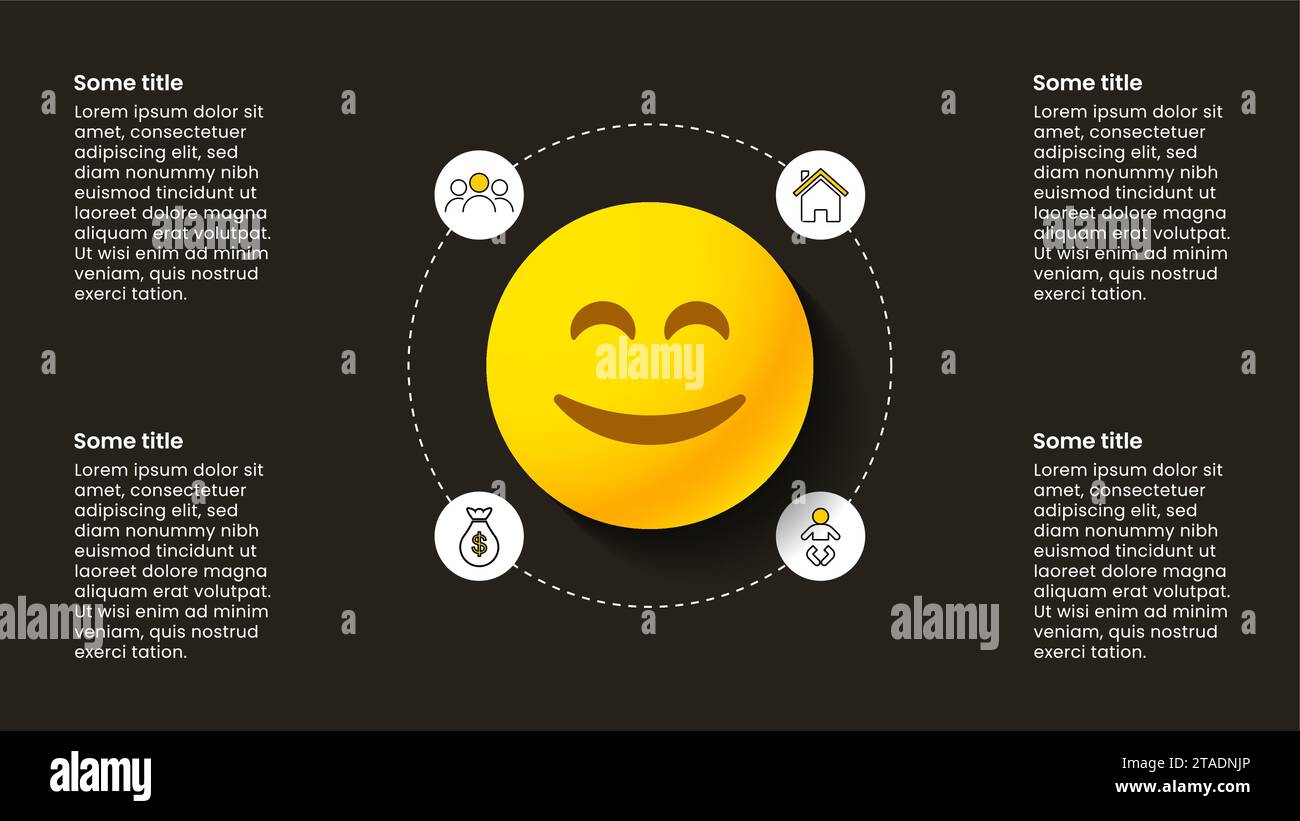 Infografik-Vorlage mit Symbolen und 4 Optionen oder Schritten. Glückliches Leben. Kann für Workflow-Layout, Diagramm, Banner und Webdesign verwendet werden. Vektorillustr Stock Vektor