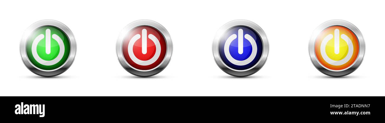 Hochglanz-Power-Tasten. Web-Taste mit ein-/Ausschaltsymbol. Illustration des flachen Vektors. Stock Vektor