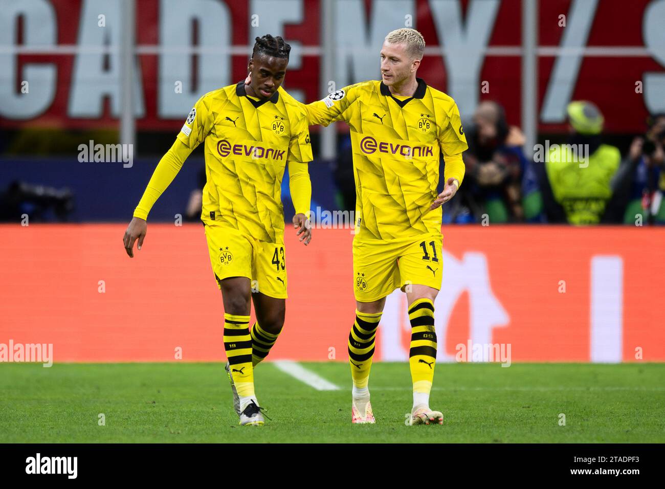 Mailand, Italien. 28. November 2023. Jamie Bynoe-Gittens von Borussia Dortmund feiert mit Marco Reus von Borussia Dortmund, nachdem er während des Fußballspiels der Serie A zwischen dem AC Milan und Borussia Dortmund ein Tor geschossen hat. Quelle: Nicolò Campo/Alamy Live News Stockfoto