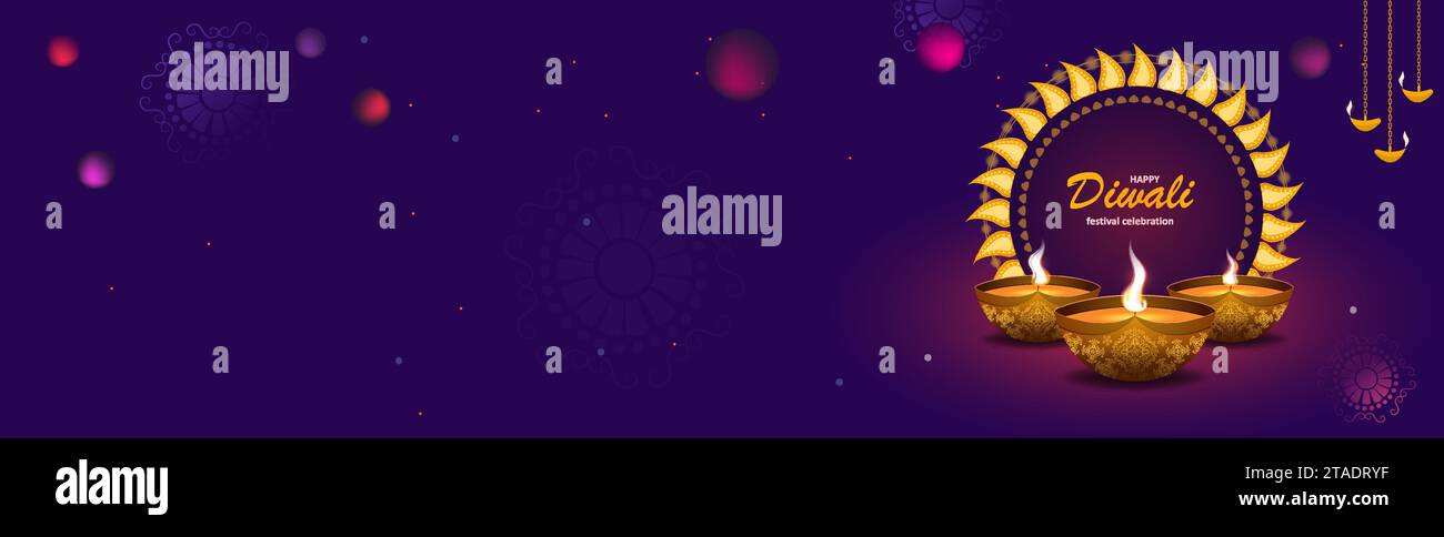 Banner für das Diwali Festival. Lila Töne mit realistisch gezeichneten Öllampen, Feuer und verschiedenen Symbolen. Mit Platz für den Haupttext links. Can Stock Vektor