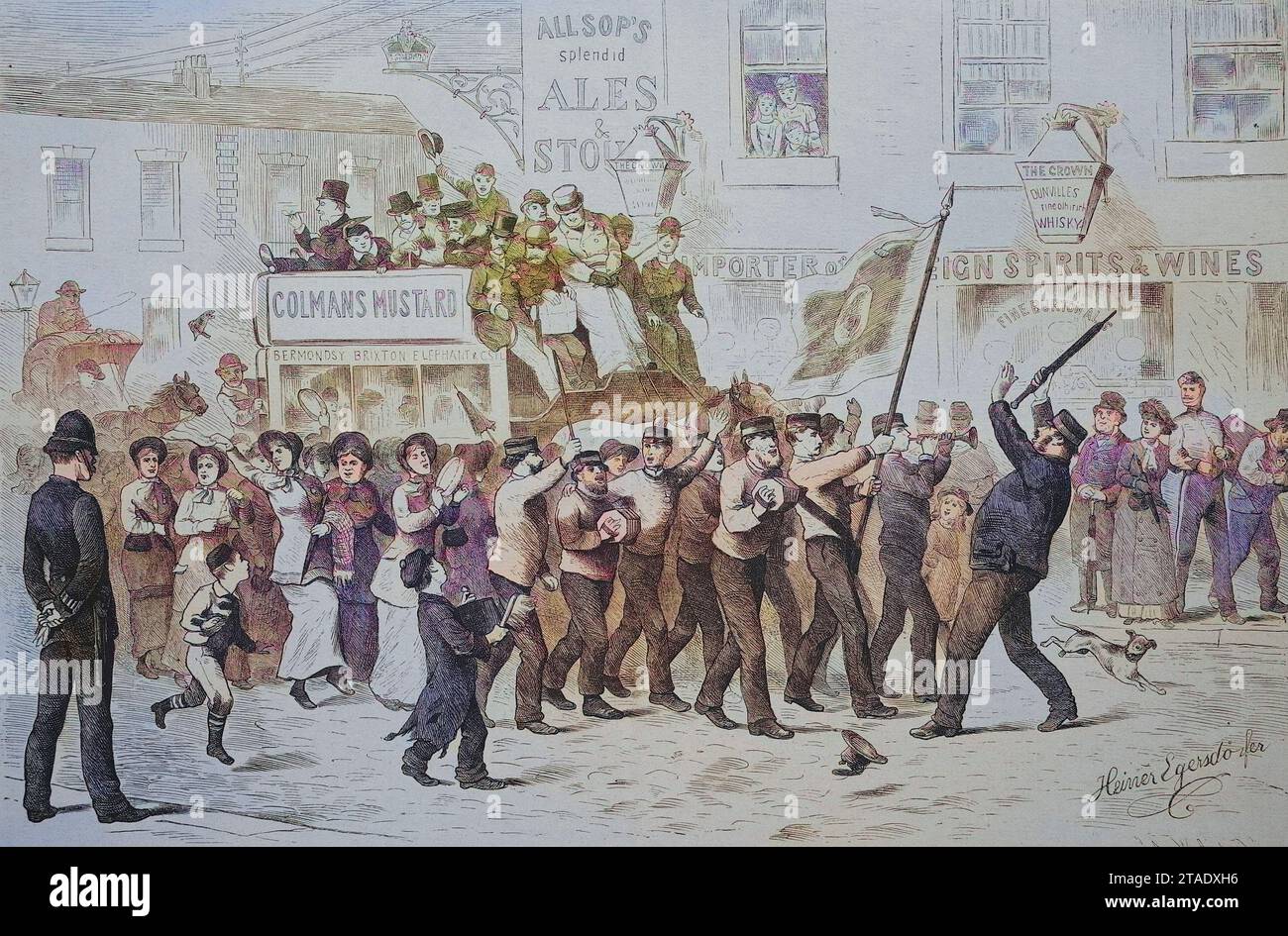 Die Seligmacher-Armee, Heilsarmee, zieht in London durch die Straßen, mit Fahne, Musik, Demonstration, England, um 1885, Historisch, digital restaurierte Reproduktion von einer Vorlage aus dem 19. Jahrhundert / die selige Armee, Heilsarmee, marschiert durch die Straßen Londons, mit Flagge, Musik, Demonstration, England, c. 1885, historische, digital restaurierte Reproduktion eines Originals aus dem 19. Jahrhundert Stockfoto