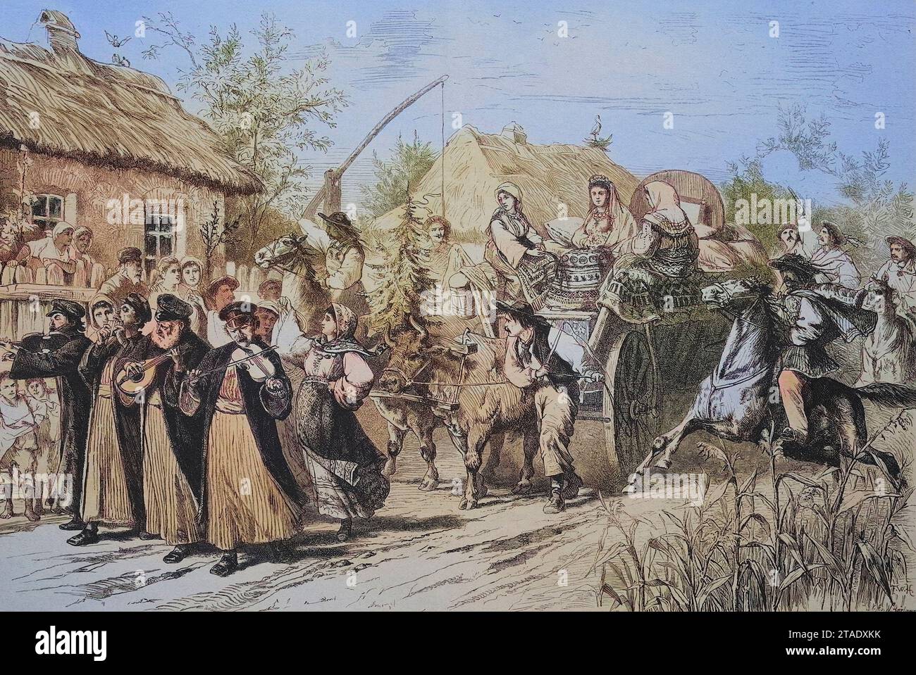 Hochzeitsfeier in Rumänien, auf einem Brautwagen wird die Braut mit zwei Begleiterinnen und Ihrer Habe und Aussteuer auf einer Kutsche ins Dorf bringen, Musikanten gehen dem Festzug voraus, um 1885, Historisch, digital restaurierte Reproduktion von einer Vorlage aus dem 19. Jahrhundert / Hochzeitsfeier in Rumänien wird die Braut in einem Brautwagen mit zwei Dienern und ihrem hab und gut und Hosenseau ins Dorf gebracht, Musiker gehen der Prozession vor, um 1885, historische, digital restaurierte Reproduktion eines Originals aus dem 19. Jahrhundert Stockfoto Hochzeitsfeier in Rumänien, auf einem Brautwagen wird die Braut mit zwei Begleiterinnen und Ihrer Habe und Aussteuer auf einer Kutsche ins Dorf bringen, Musikanten gehen dem Festzug voraus, um 1885, Historisch, digital restaurierte Reproduktion von einer Vorlage aus dem 19. Jahrhundert / Hochzeitsfeier in Rumänien wird die Braut in einem Brautwagen mit zwei Dienern und ihrem hab und gut und Hosenseau ins Dorf gebracht, Musiker gehen der Prozession vor, um 1885, historische, digital restaurierte Reproduktion eines Originals aus dem 19. Jahrhundert Stockfoto