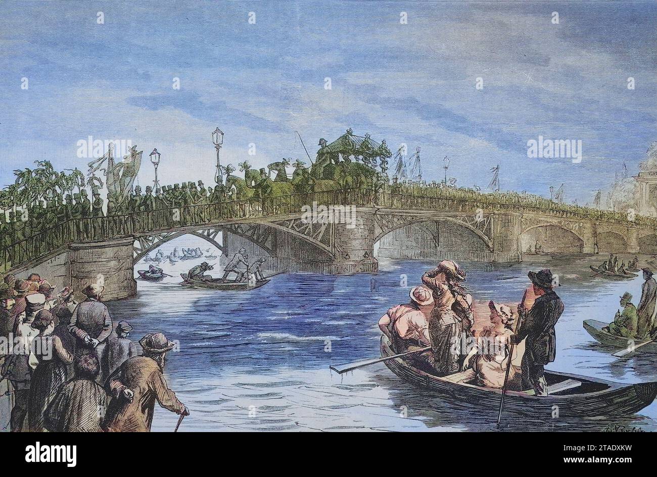 Leichenzug von Hermann Schulze-Delitzsch, eigentlich Franz Hermann Schulze, 1808 - 1883, ein deutscher Politiker und der Begründer des deutschen Genossenschaftswesens, auf der langen Brücke in Potsdam, Brandenburg, Deutschland, um 1885, Historisch, digitale restaurierte Reproduktion von einer Vorlage aus dem 19. Jahrhundert / Trauerzug von Hermann Schulze-Delitzsch, eigentlich Franz Hermann Schulze, 1808–1883, einem deutschen Politiker und Begründer der deutschen Genossenschaft, auf der langen Brücke in Potsdam, Brandenburg, um 1885, Historic, digital restaurierte Reproduktion Stockfoto