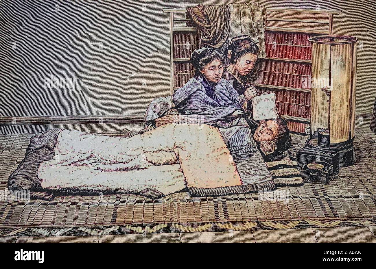 Frauenleben in Japan, Bedienung beim Schlafengehen, Japanerin liegt bereits im Bett, Dienerinnen kümmern sich um ihr Wohl, um 1885, Historisch, digital restaurierte Reproduktion von einer Vorlage aus dem 19. Jahrhundert / Frauenleben in Japan, Diener geht ins Bett, Japanerin bereits im Bett, Diener kümmern sich um sie, um 1885, historische, digital restaurierte Reproduktion eines Originals aus dem 19. Jahrhundert Stockfoto