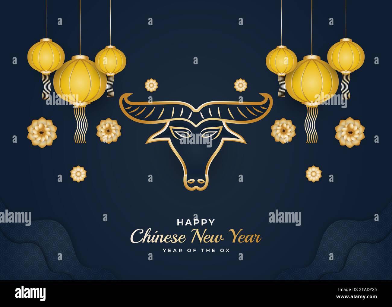 Chinesisches Neujahrsgrüßband 2021 oder Poster mit goldenem Ochsen und Laterne auf Papier geschnittenem Hintergrund Stock Vektor