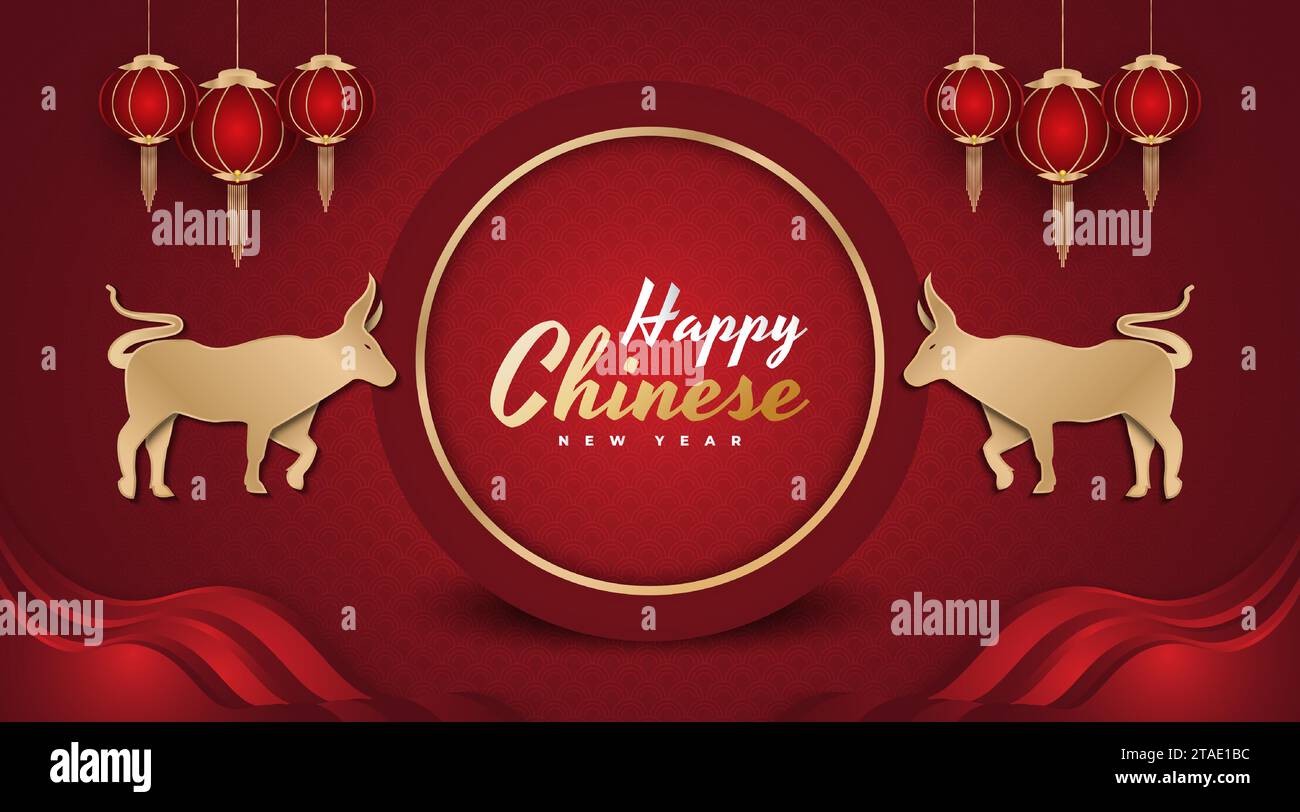 Happy Chinese New Year Banner mit goldenem Ochsen und Laterne auf rotem Hintergrund. Chinesisches Sternzeichen. Mondneujahr, Jahr des Ochsen Stock Vektor