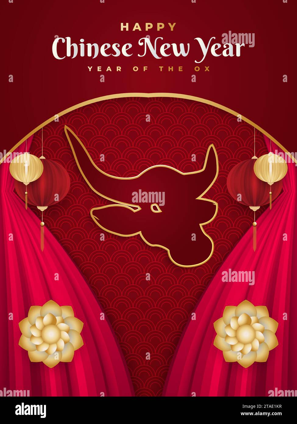 Happy Chinese New Year Banner mit goldenem Ochsen und Laterne auf rotem Hintergrund. Chinesisches Sternzeichen. Mondneujahr, Jahr des Ochsen Stock Vektor