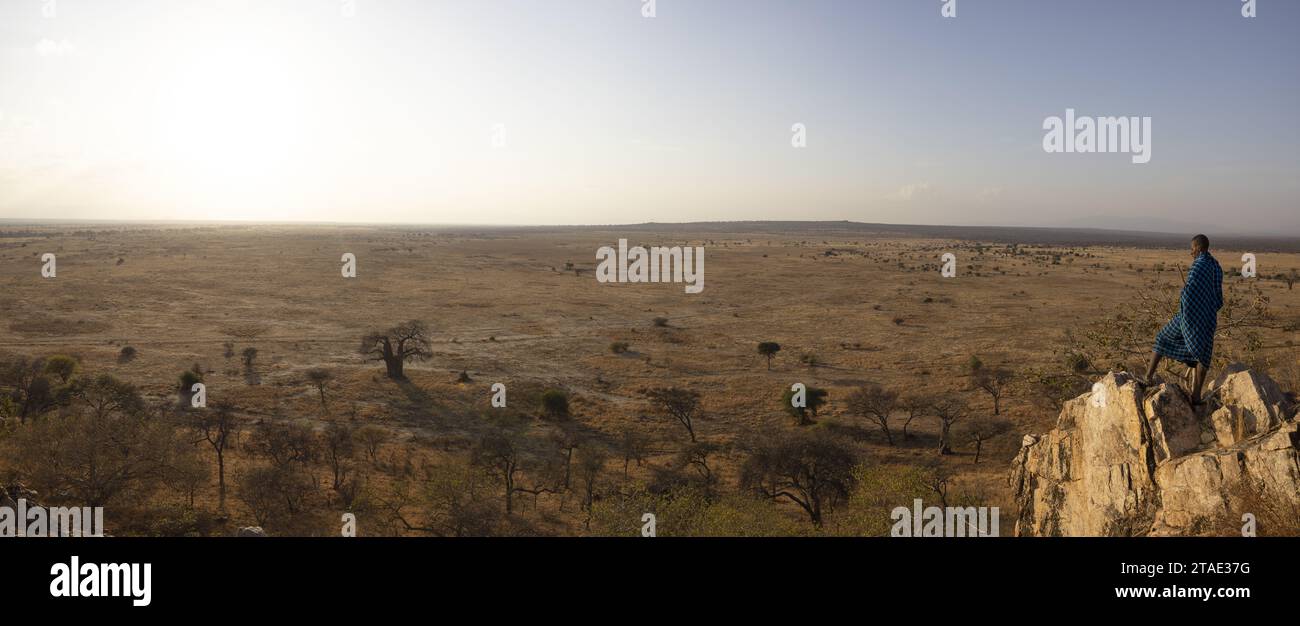 Tansania, WMA (Wildlife Managment Area) von Randilen bei Sonnenuntergang betrachtet Ein Massai in traditioneller Kleidung die Unermesslichkeit des Territoriums, das auf einem Felsen thront Stockfoto