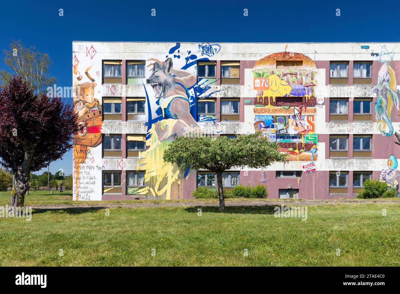 Frankreich, Allier, Lurcy-Lévis, Street Art City, dieses ehemalige Ausbildungszentrum für France Telecom ist zu einer künstlerischen Residenz geworden, die sich der städtischen Bildkunst widmet, von links nach rechts Werke von Ben Caillous, Cotwo, Zeso, Isaac Malakkai Stockfoto