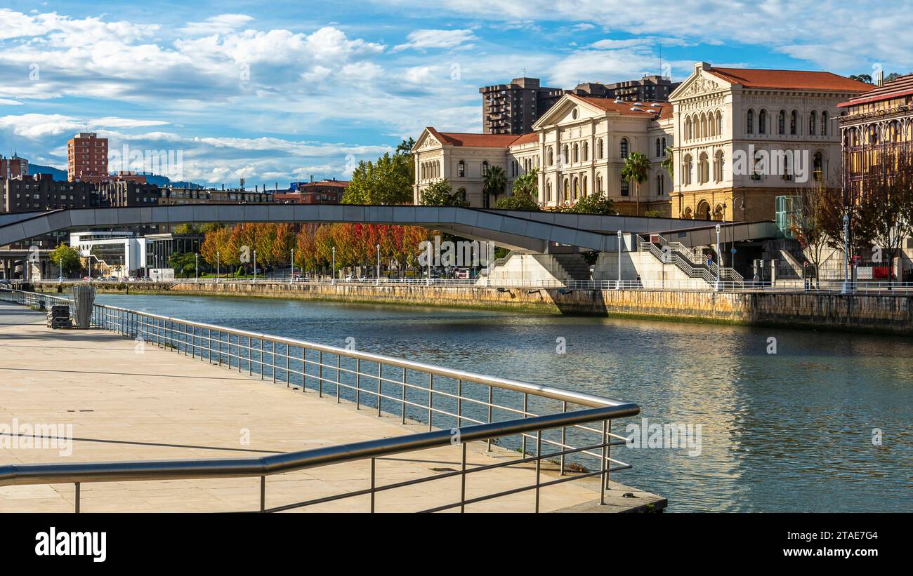 Spanien, Baskenland, Bilbao, die größte Stadt der autonomen Gemeinschaft des Baskenlandes und des Nordens der Iberischen Halbinsel. Das Guggenheim Museum in Bilbao ist ein Museum für moderne und zeitgenössische Kunst, entworfen von Frank Gehry. Stockfoto
