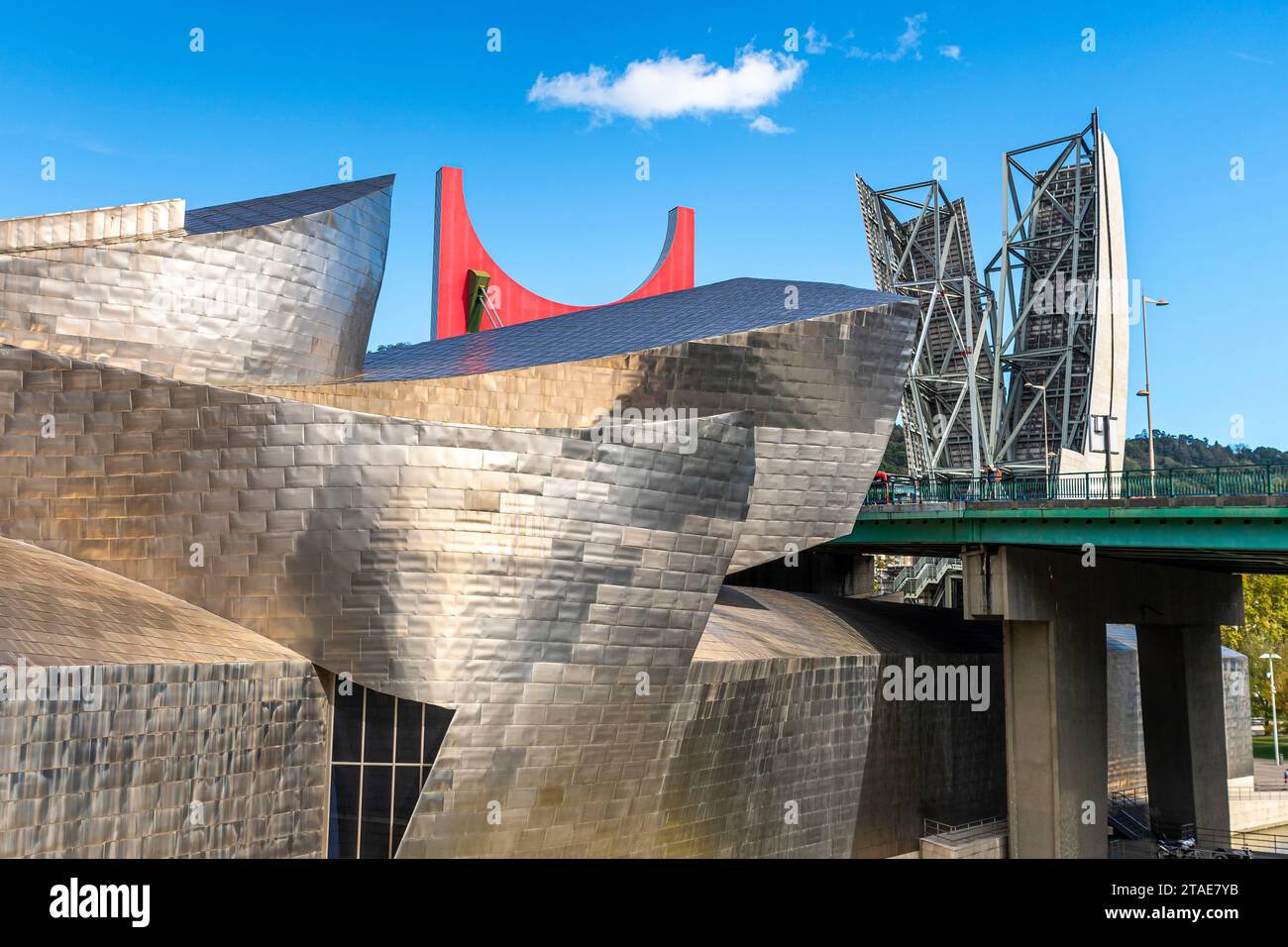 Spanien, Baskenland, Bilbao, die größte Stadt der autonomen Gemeinschaft des Baskenlandes und des Nordens der Iberischen Halbinsel. Das Guggenheim Museum in Bilbao ist ein Museum für moderne und zeitgenössische Kunst, entworfen von Frank Gehry. Stockfoto