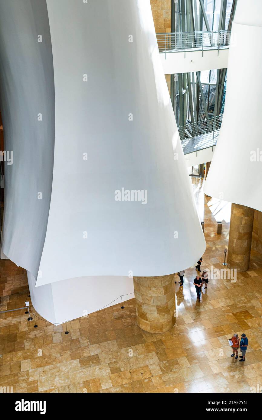 Spanien, Baskenland, Bilbao, die größte Stadt der autonomen Gemeinschaft des Baskenlandes und des Nordens der Iberischen Halbinsel. Das Guggenheim Museum in Bilbao ist ein Museum für moderne und zeitgenössische Kunst, entworfen von Frank Gehry. Stockfoto