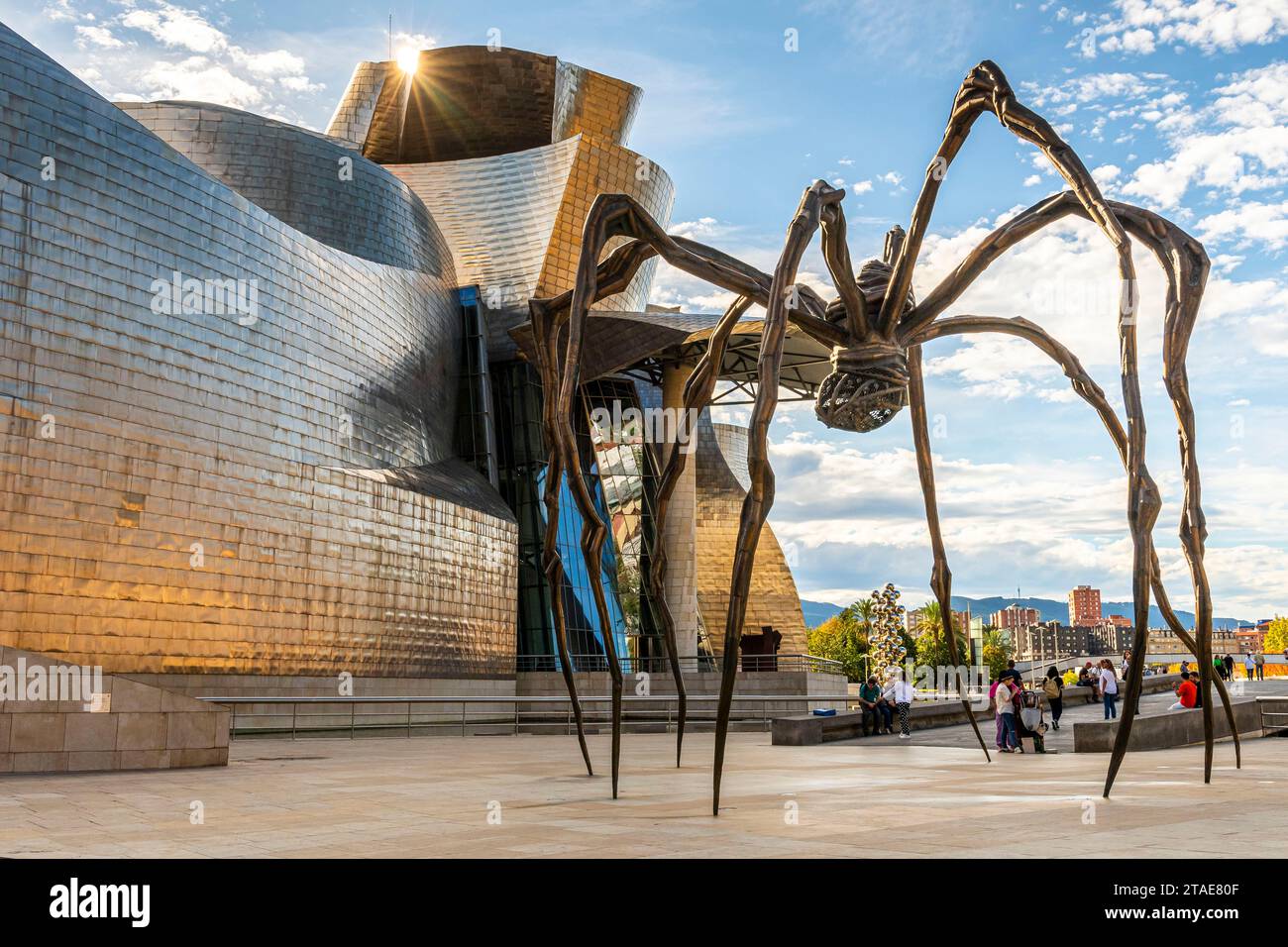 Spanien, Baskenland, Bilbao, die größte Stadt der autonomen Gemeinschaft des Baskenlandes und des Nordens der Iberischen Halbinsel. Das Guggenheim Museum in Bilbao ist ein Museum für moderne und zeitgenössische Kunst, entworfen von Frank Gehry. Stockfoto