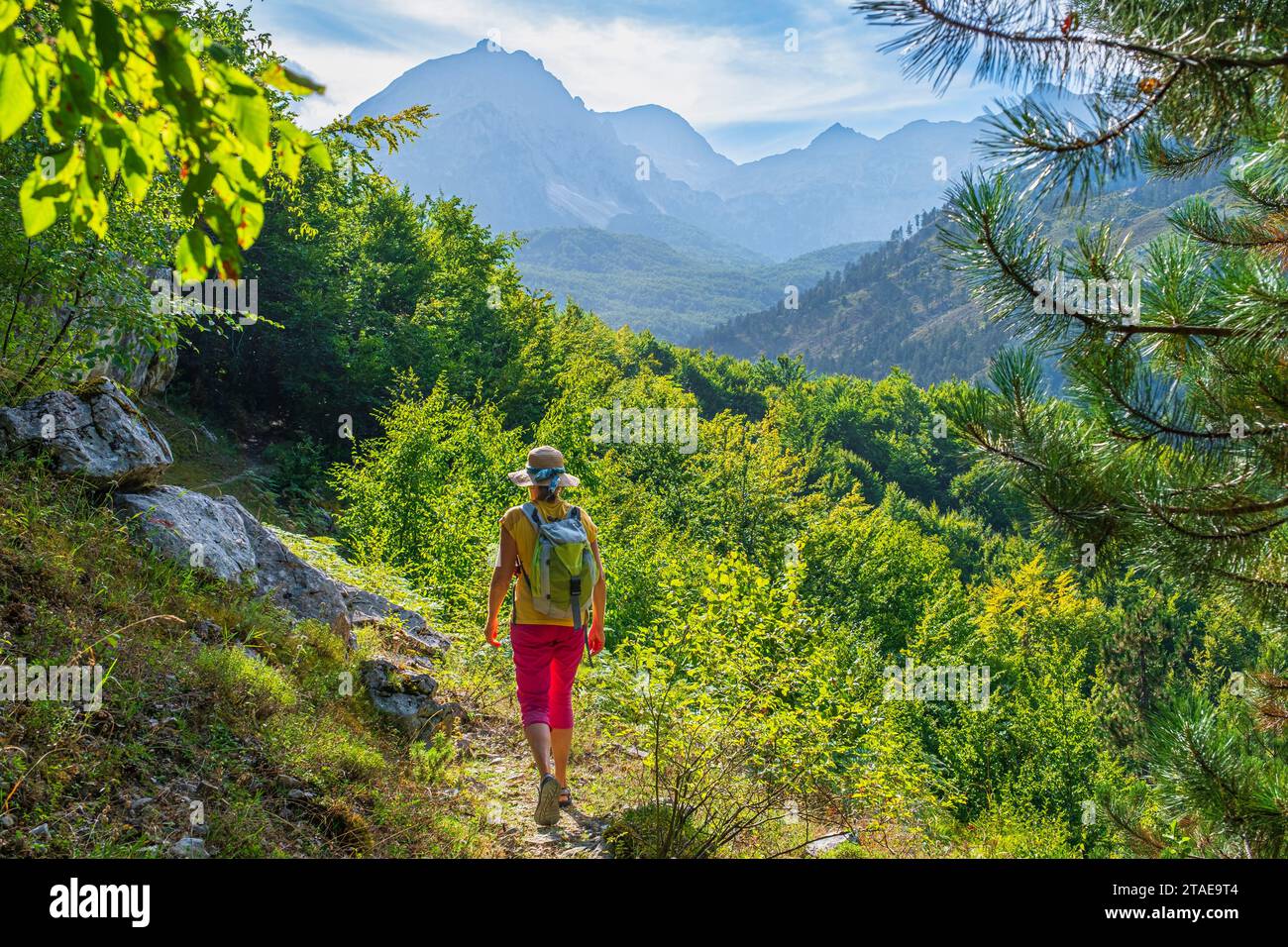 Albanien, Provinz Kukes, Nationalpark Valbona Valley, Wandern durch das Dorf Valbona Stockfoto