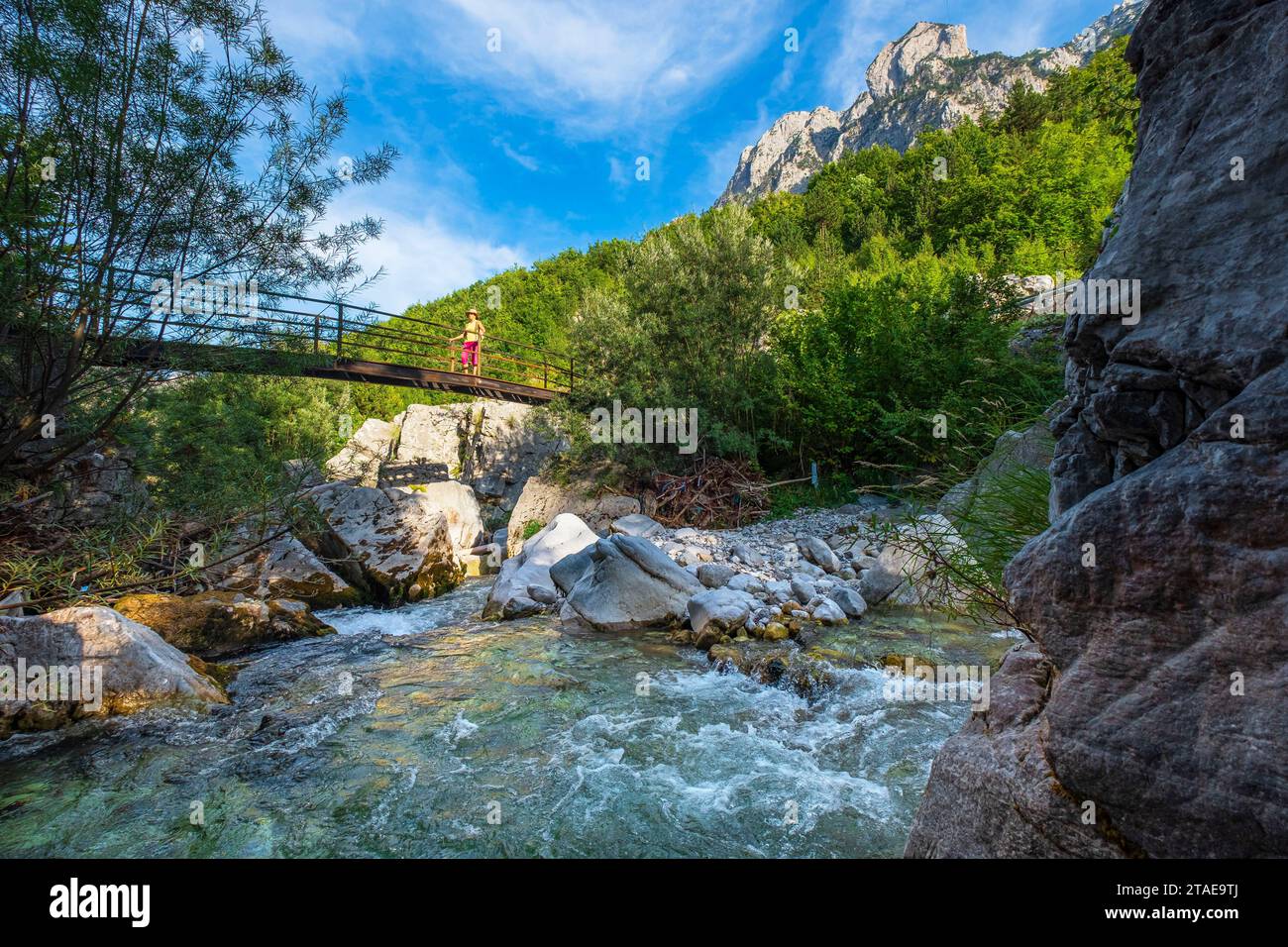 Albanien, Provinz Kukes, Nationalpark Valbona Valley, Fußgängerbrücke über den Fluss Valbona Stockfoto