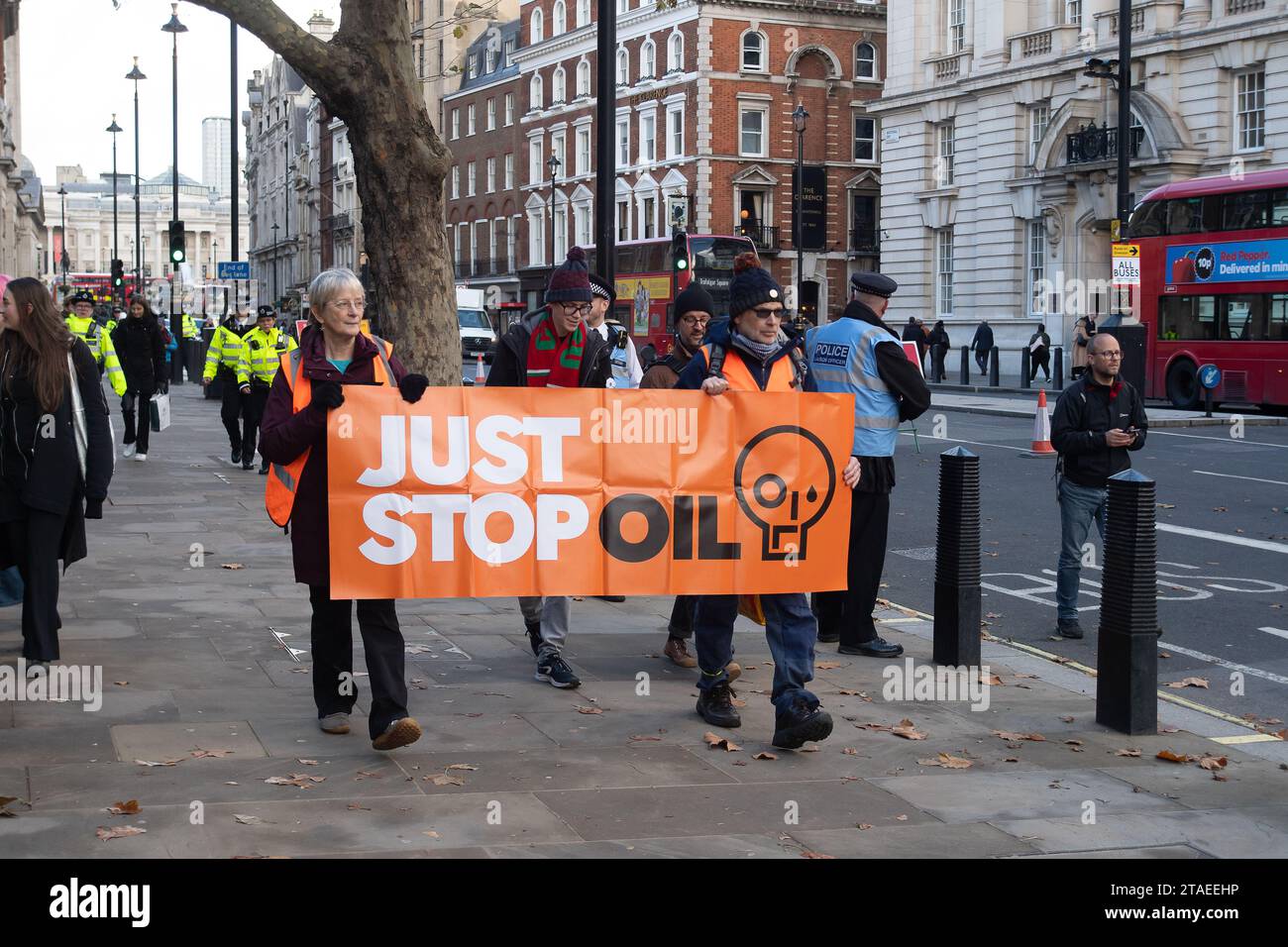 Whitehall, London, Großbritannien. November 2023. Just Stop Oil Demonstranten protestierten heute wieder in London. Sie begannen ihren Protest am Trafalgar Square. Als zwei ältere Demonstranten außerhalb der Downing Street auf die Straße marschierten, wurden sie schnell von der Met Police verhaftet und mit Handschellen gefesselt. Die Demonstrantin Julie Redman (L), 72, die heute verhaftet wurde, ist eine Großmutter von sieben Kindern aus Fife. Sie sagte: „Ich bin verzweifelt wegen der Klimakrise. Sie beschleunigt sich in alarmierendem Tempo, und dennoch erteilt unsere Regierung immer noch neue Lizenzen für Öl und Gas. Es sind meine Enkel, die die Hauptlast des Klimas tragen werden Stockfoto