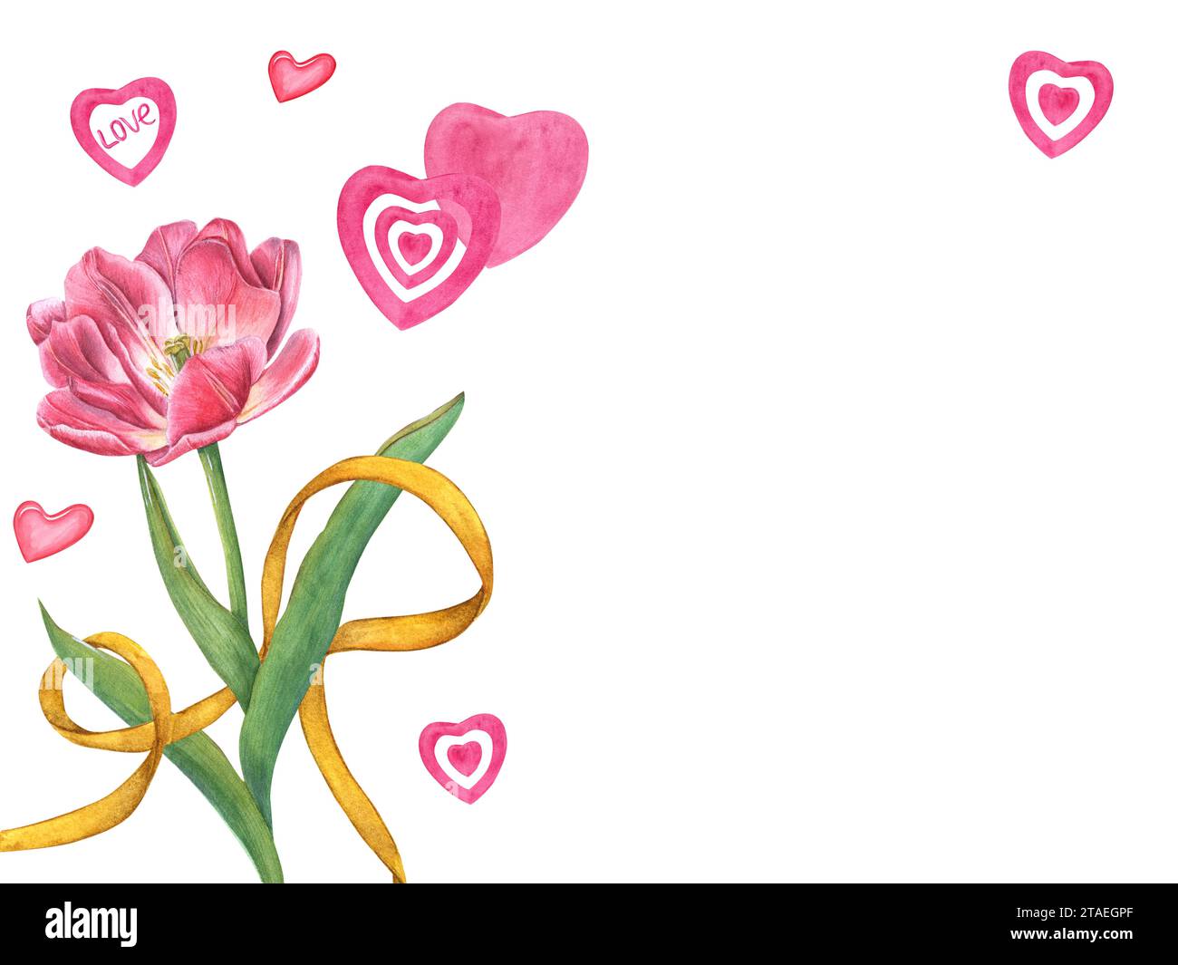 Tulpenstrauß mit gelbem Band, rosa Herzen um Blumen. Florale romantische Komposition. Leerzeichen für Text. Aquarellabbildung. Stockfoto