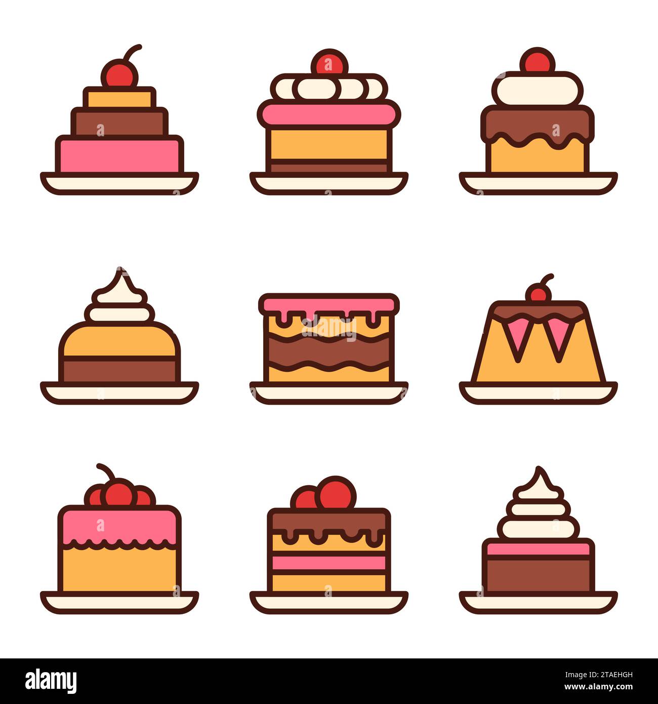 Kuchen Dessert Linie Symbole gesetzt. Unterschrift mit süßem Essen. Einfaches schmackhaftes flaches Symbol. Süße Geburtstagskuchen, Bäckerei Cupcake isoliert auf weiß. Stock Vektor