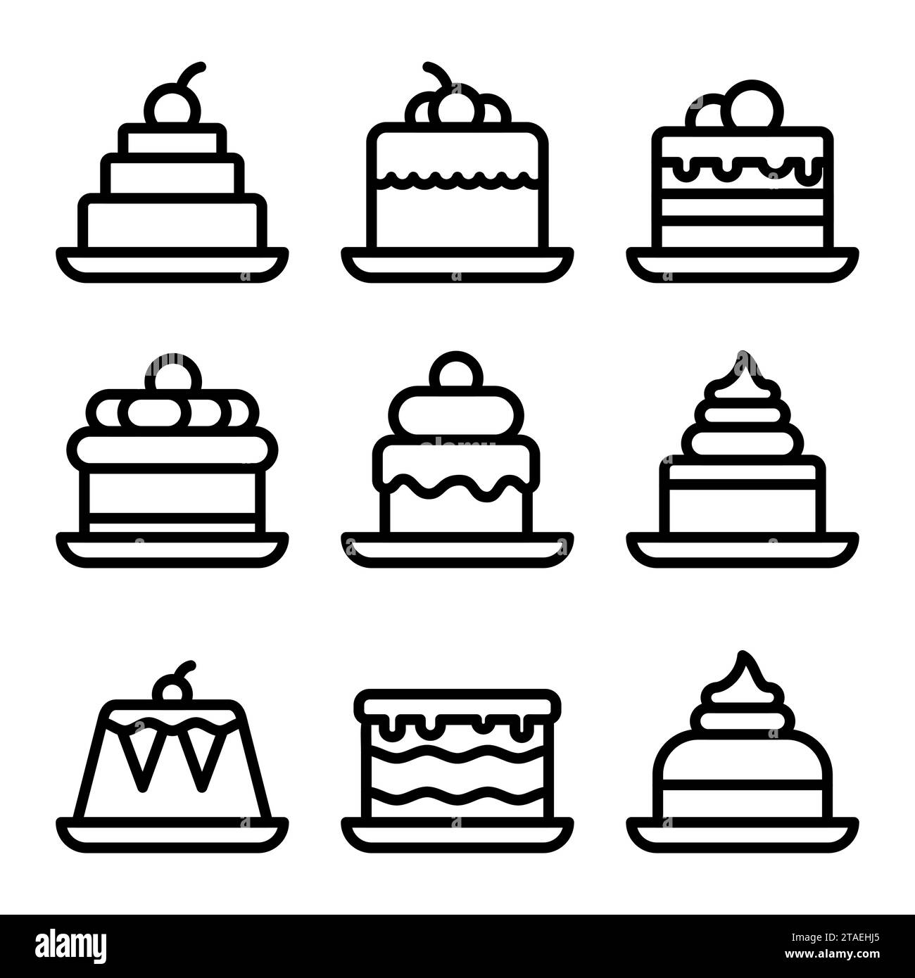 Kuchen Dessert schwarze Linie Symbole gesetzt. Unterschrift mit süßem Essen. Einfaches köstliches schwarzes Symbol. Süße Geburtstagskuchen, Bäckerei Cupcake isoliert auf weiß. Stock Vektor