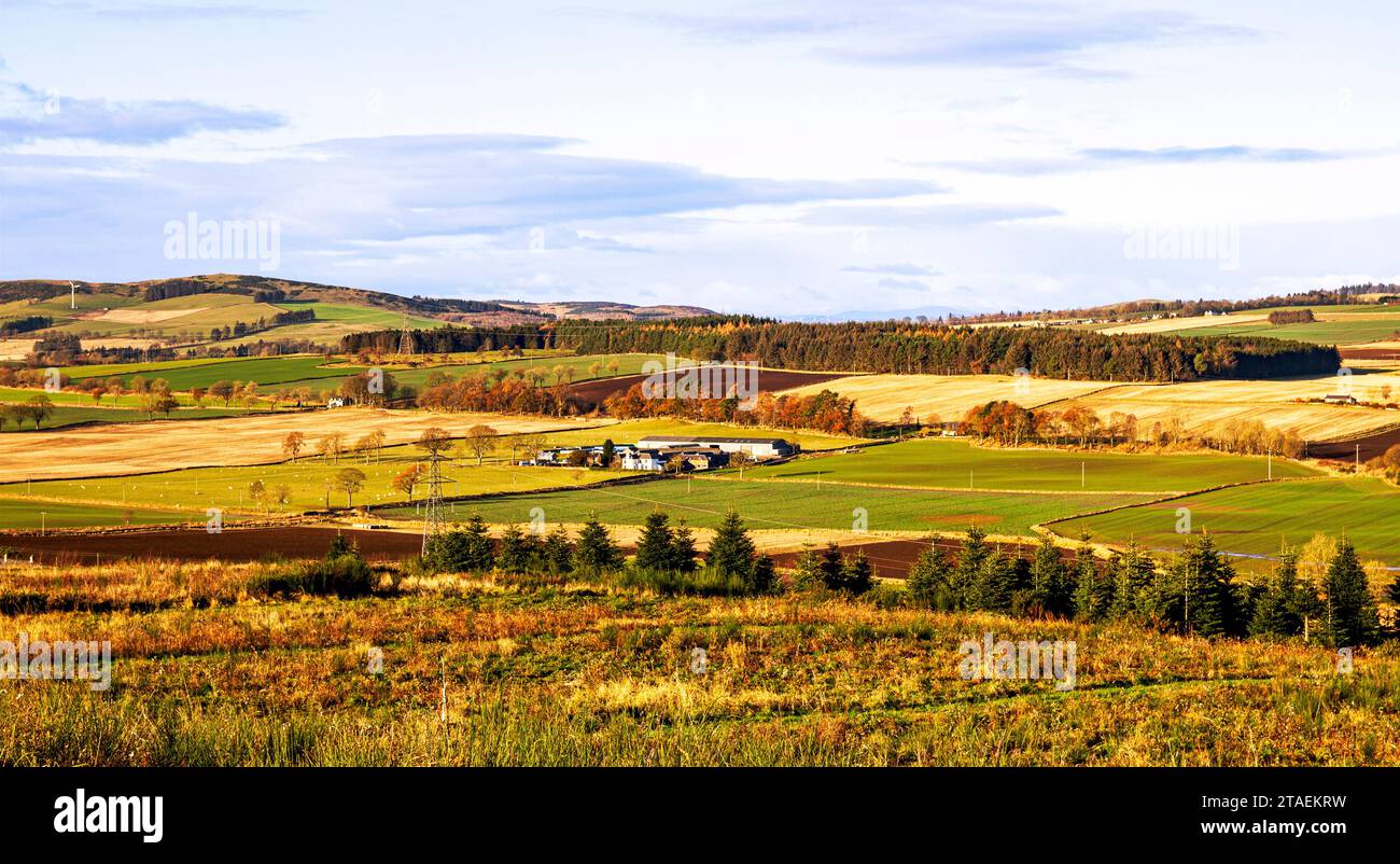 Wunderschöne Wintersonne mit spektakulärem Blick auf die Sidlaw Hills und das Strathmore Valley in der Nähe von Dundee, Schottland Stockfoto