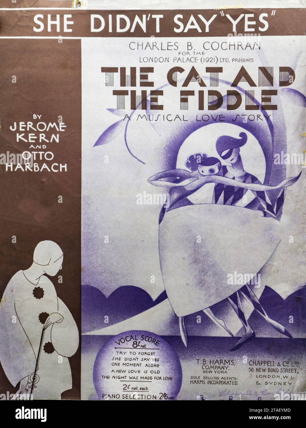 Künstlerisches Notenblatt der 1920er Jahre – „She did't Say Yes“ aus „The Cat and the Fiddle“. Von Jerime Kearn und otto Harbach. Stockfoto