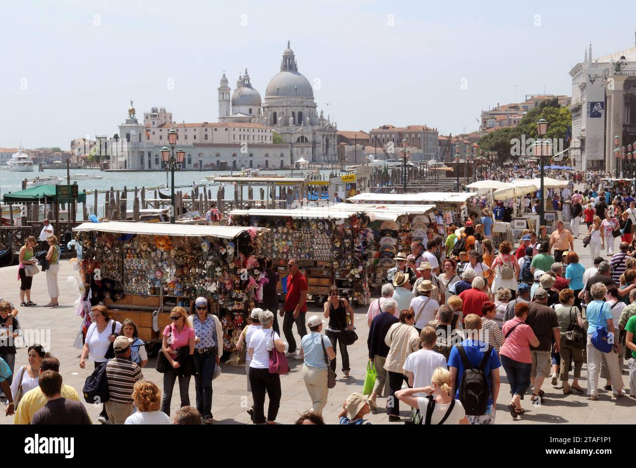 VENEDIG, ITALIEN - 4. JUNI 2009: Touristen auf dem überfüllten Markusplatz mit der Basilika Santa Maria della Salute im Hintergrund Stockfoto