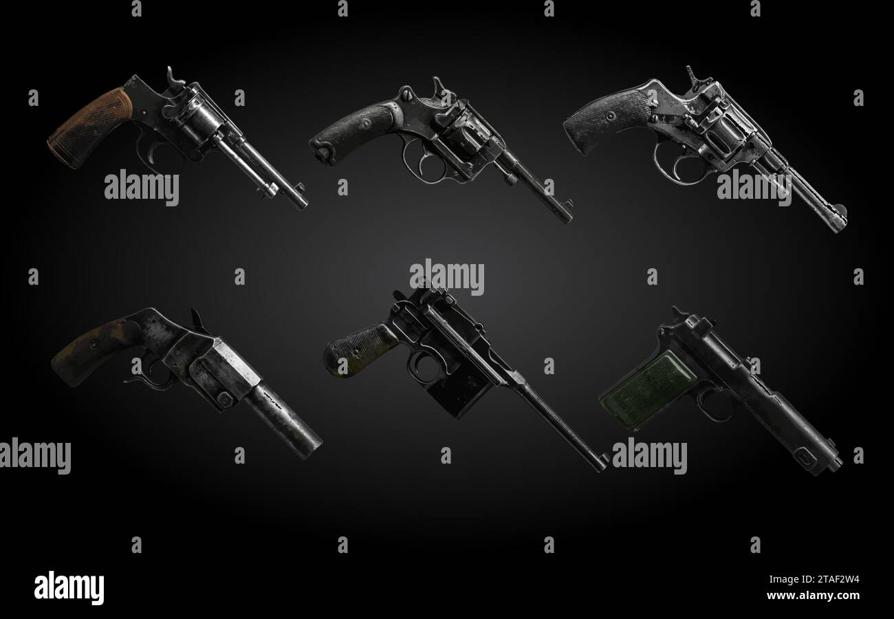 Vintage-Waffen. Alte Pistolen und Revolver Set. Klassische Retro-Handfeuerwaffen-Illustration. Stock Vektor