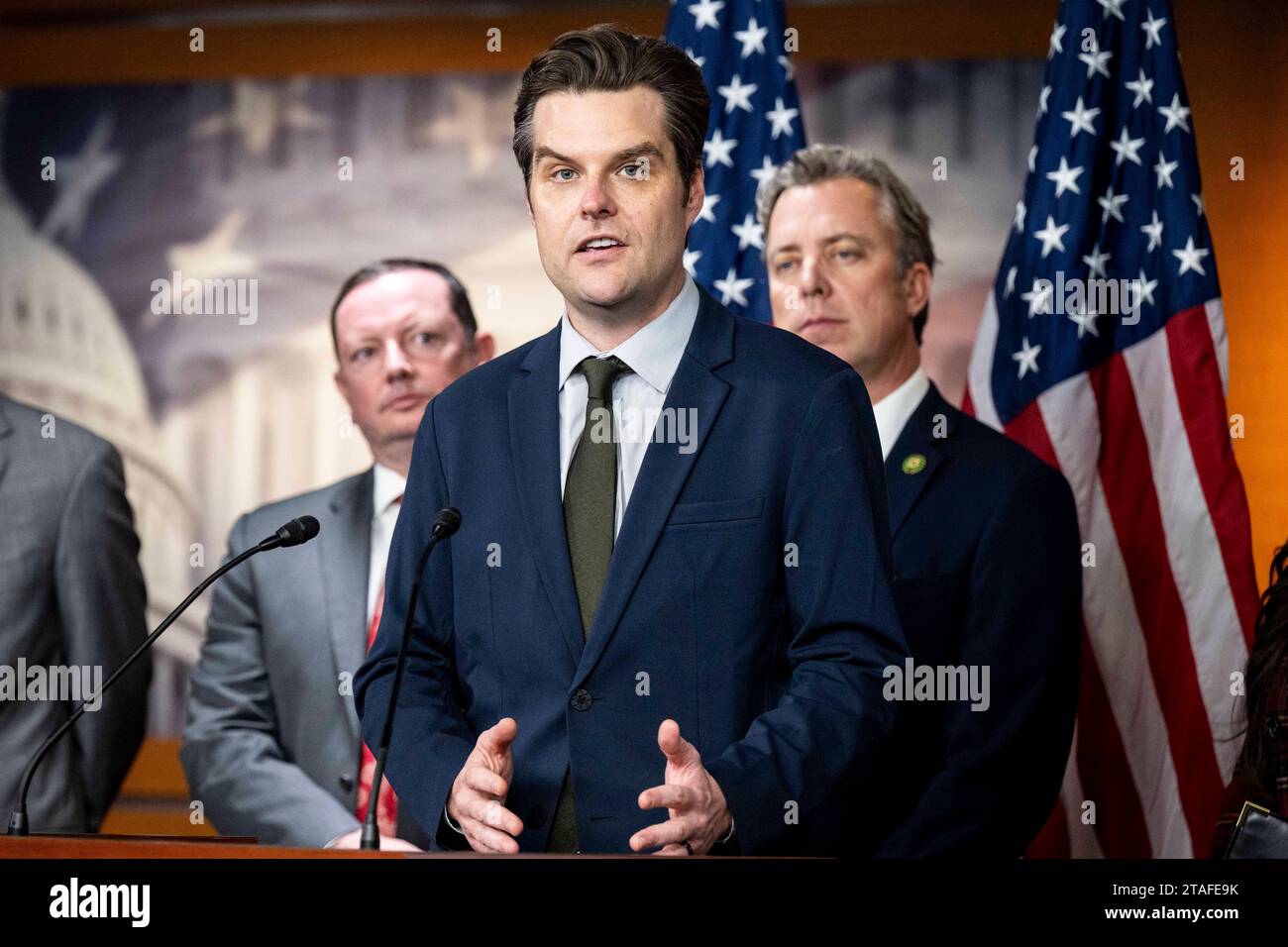 30. November 2023, Washington, District of Columbia, USA: Der US-Repräsentant MATT GAETZ (R-FL) spricht auf einer Pressekonferenz über Transparenz der Regierung über unbekannte Luftphänomene (UAP) im US-Kapitol. (Kreditbild: © Michael Brochstein/ZUMA Press Wire) NUR REDAKTIONELLE VERWENDUNG! Nicht für kommerzielle ZWECKE! Stockfoto