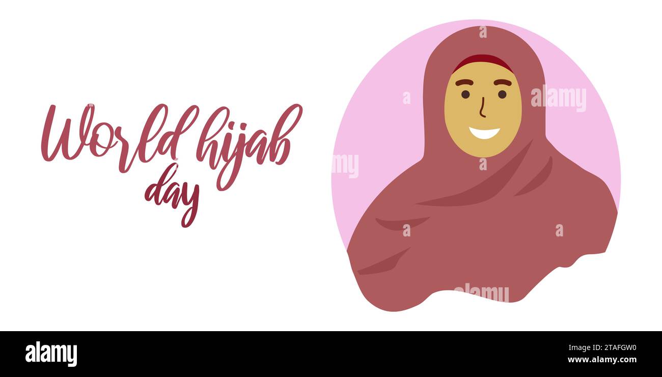 World Hijab Day 1. Februar beliebter Feiertag. Glückliche Frau im Hijab. Bannervorlage, Webdesign Vektor-Illustration. Stock Vektor